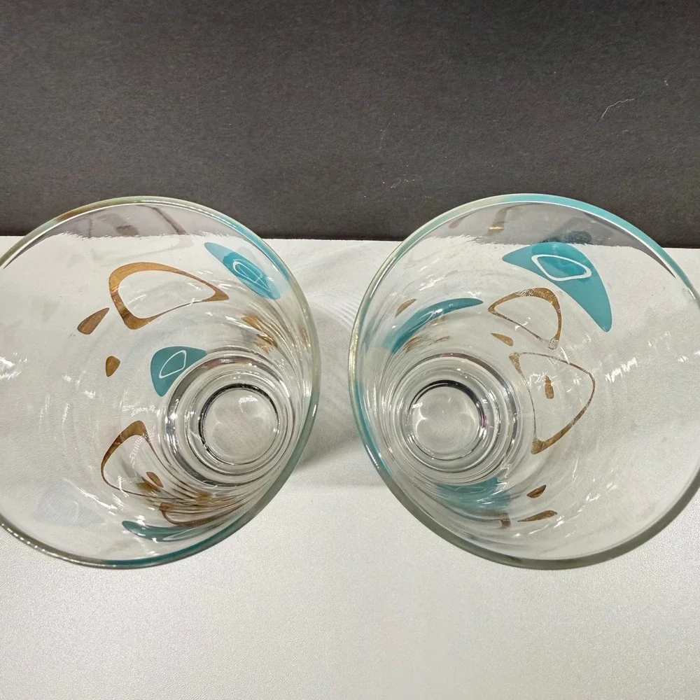 Vintage Mid Century Modern Atomic Boomerang Highball Glasses Teal Gold Set of 2